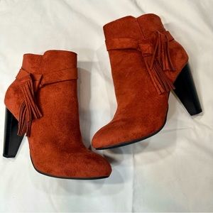 Red suede booties, size 6